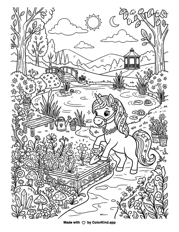A young unicorn tending a magical garden beside a peaceful pond as clean black-and-white printable line art made by ColorKind