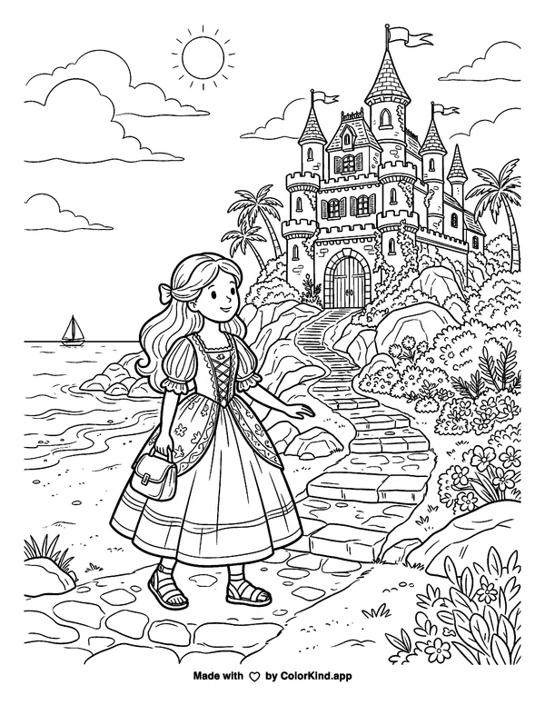 An original storybook princess exploring an original castle near a sunny beach as clean black-and-white printable line art made by ColorKind