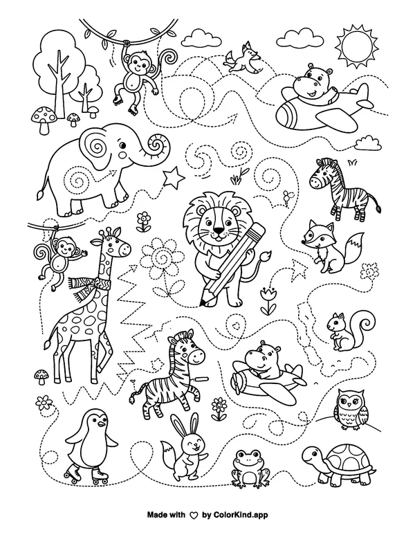 An original storybook princess helping woodland friends in a lively community garden as clean black-and-white printable line art made by ColorKind