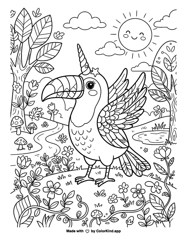 An original storybook princess helping woodland friends near a cozy treehouse as clean black-and-white printable line art made by ColorKind