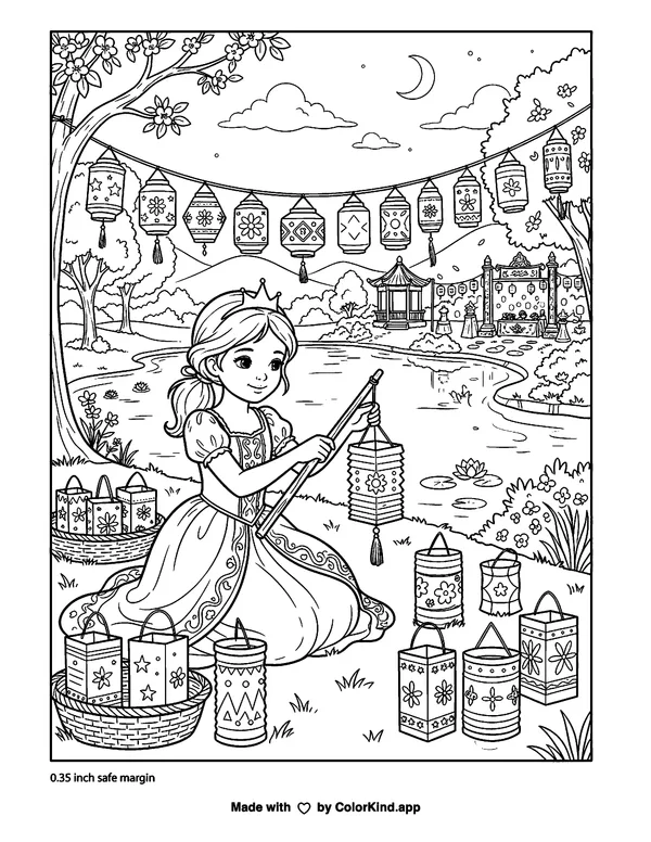 An original storybook princess preparing a lantern festival beside a peaceful pond as clean black-and-white printable line art made by ColorKind