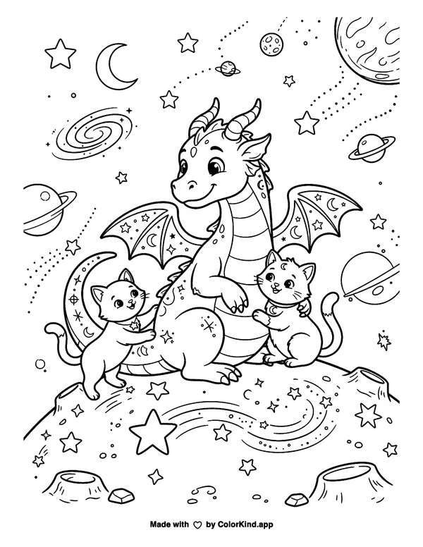 Cosmic Cats Dragon Pal as clean black-and-white printable line art made by ColorKind