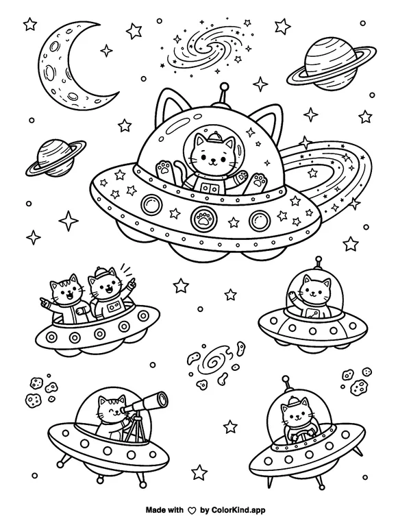 Cosmic Cats Flying Saucers as clean black-and-white printable line art made by ColorKind