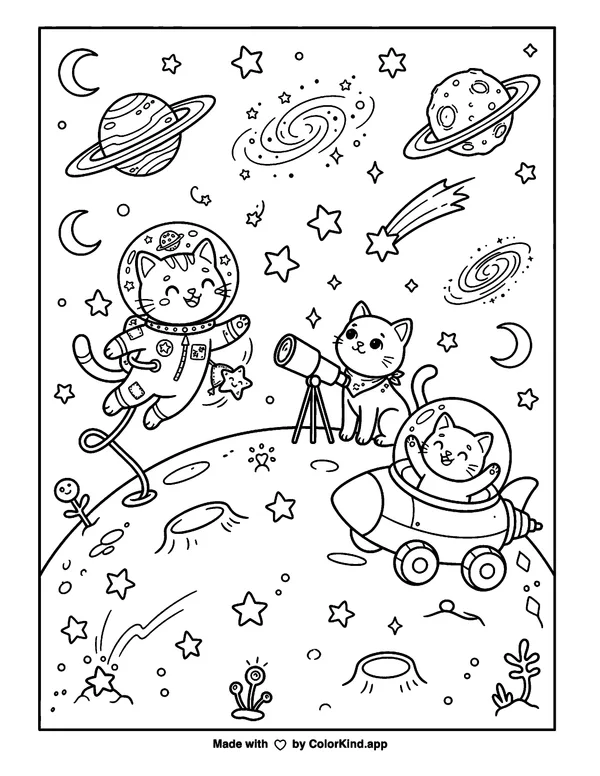 Cosmic Cats Galaxy Fun as clean black-and-white printable line art made by ColorKind