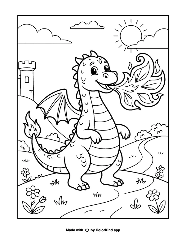 Fire-breathing Dragon as clean black-and-white printable line art made by ColorKind