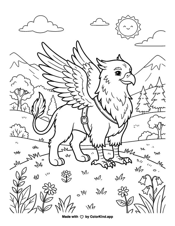 Griffon as clean black-and-white printable line art made by ColorKind