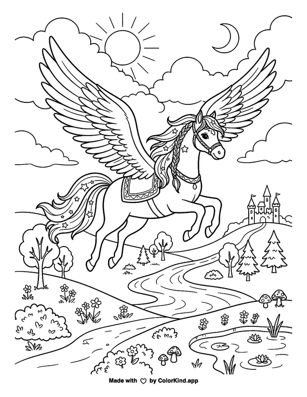 Pegasus as clean black-and-white printable line art made by ColorKind