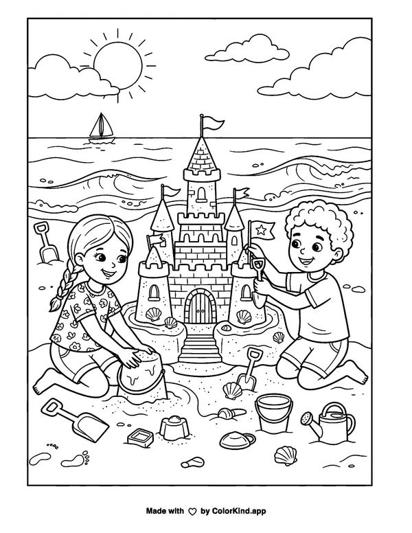 Sand Castle Fun as clean black-and-white printable line art made by ColorKind