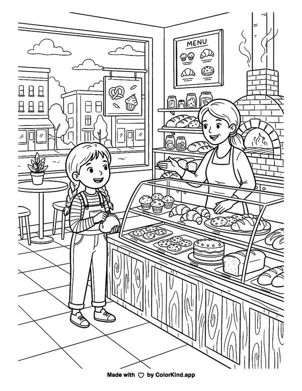 A family of cooks making a colorful salad under a sky full of clouds as clean black-and-white printable line art made by ColorKind