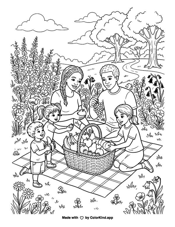 A neighborhood picnic group arranging a fruit basket in a flower-filled park as clean black-and-white printable line art made by ColorKind