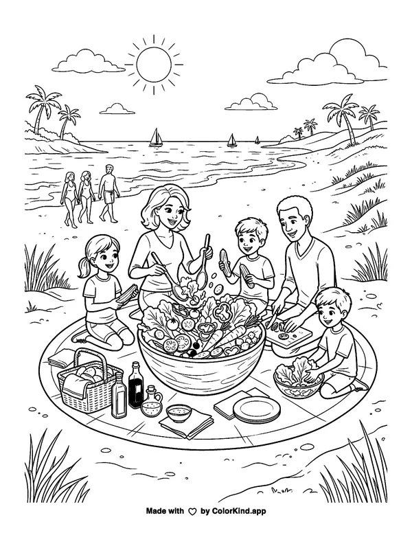 A neighborhood picnic group making a colorful salad near a sunny beach as clean black-and-white printable line art made by ColorKind