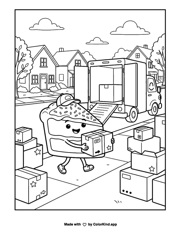 Pie Slice Delivery on a Suburban Street as clean black-and-white printable line art made by ColorKind