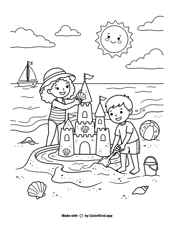 Children building a sandcastle on the beach as clean black-and-white printable line art made by ColorKind