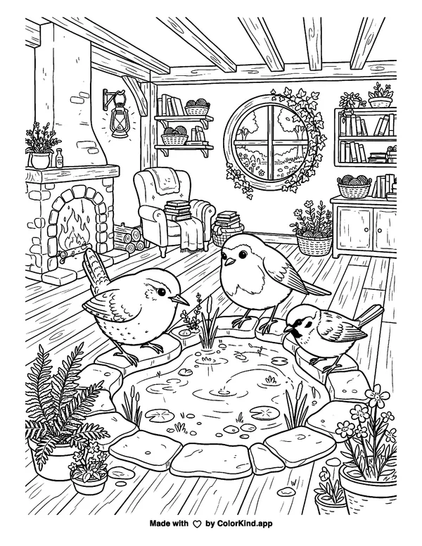 Birds by an Indoor Pond in a Cottage as clean black-and-white printable line art made by ColorKind