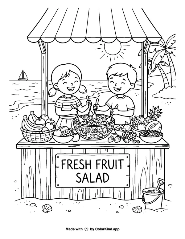 Children at a fruit stand making a colorful salad near a sunny beach as clean black-and-white printable line art made by ColorKind