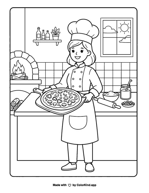 Children at a fruit stand making a colorful salad under a sky full of clouds as clean black-and-white printable line art made by ColorKind