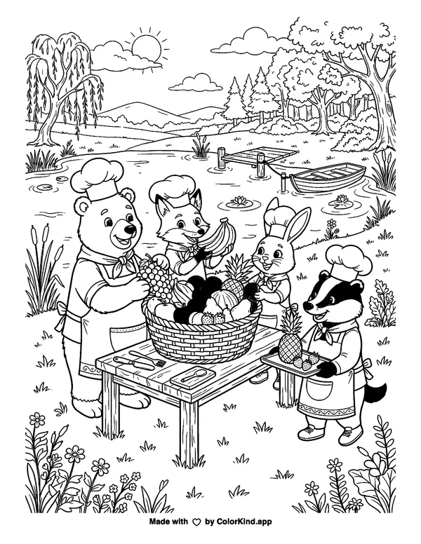 Friendly animal chefs arranging a fruit basket beside a peaceful pond as clean black-and-white printable line art made by ColorKind