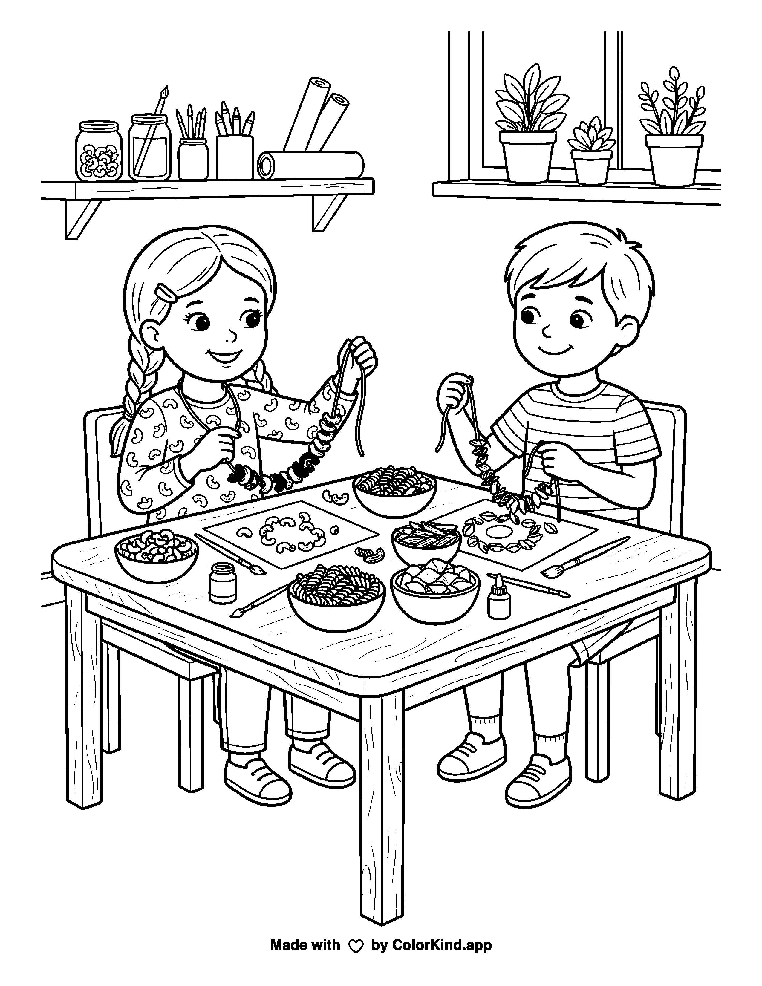Children crafting pasta necklaces at a table as clean black-and-white printable line art made by ColorKind