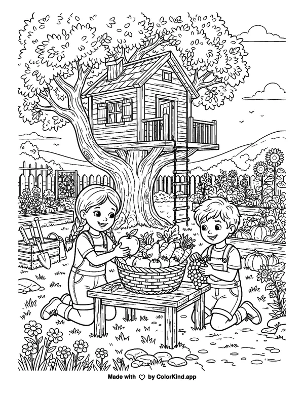 Garden harvest helpers arranging a fruit basket near a cozy treehouse as clean black-and-white printable line art made by ColorKind
