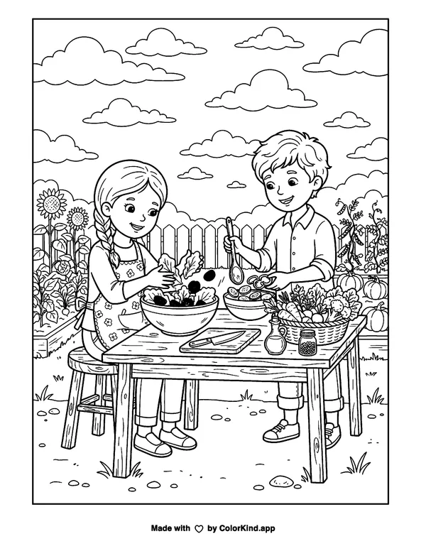 Children Preparing Vegetables Outdoors as clean black-and-white printable line art made by ColorKind