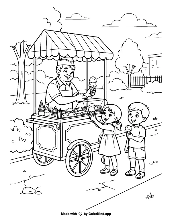 Ice Cream Vendor as clean black-and-white printable line art made by ColorKind