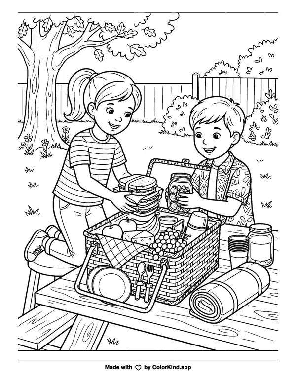 Pack for a Picnic as clean black-and-white printable line art made by ColorKind