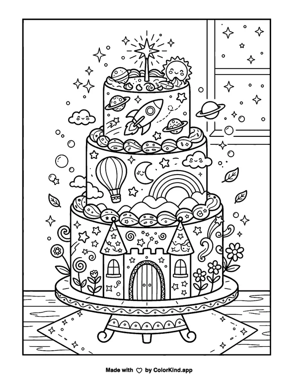Three-Tiered Themed Cake as clean black-and-white printable line art made by ColorKind