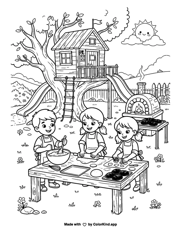 Young bakers baking bread near a cozy treehouse as clean black-and-white printable line art made by ColorKind