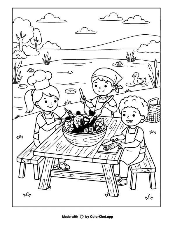 Young bakers making a colorful salad beside a peaceful pond as clean black-and-white printable line art made by ColorKind