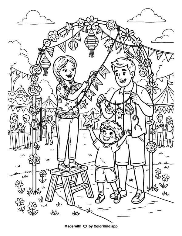 A cheerful family hanging handmade decorations at a cheerful outdoor festival as clean black-and-white printable line art made by ColorKind