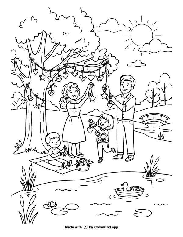 A cheerful family hanging handmade decorations beside a peaceful pond as clean black-and-white printable line art made by ColorKind