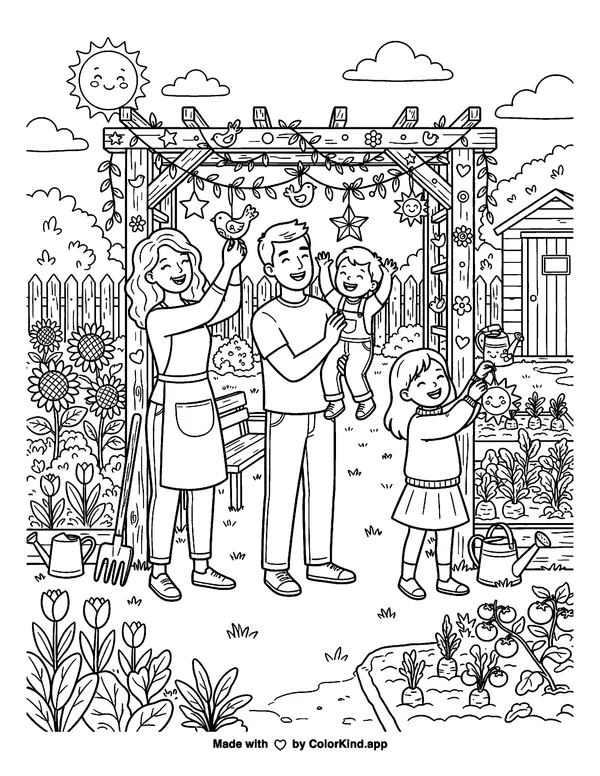 A cheerful family hanging handmade decorations in a lively community garden as clean black-and-white printable line art made by ColorKind
