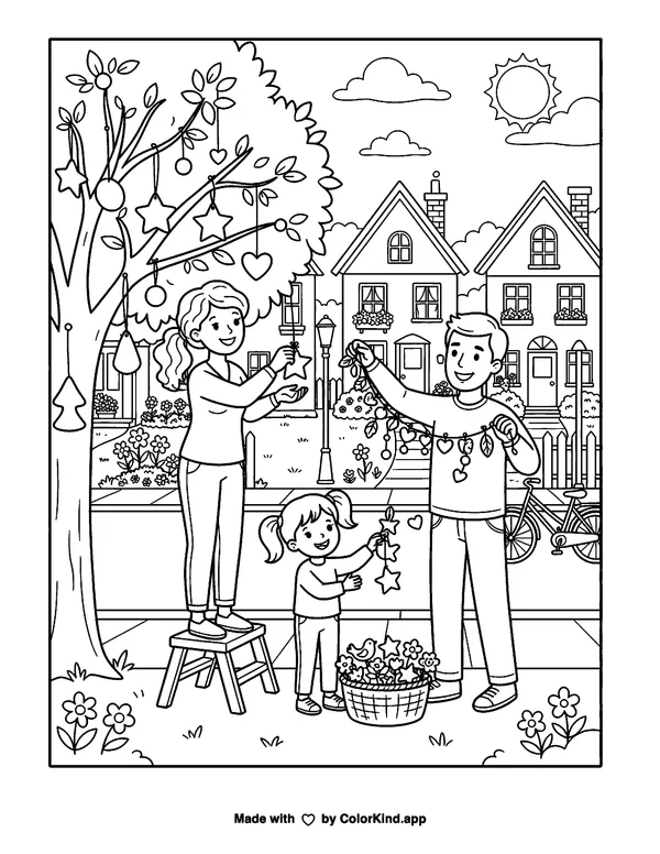 A cheerful family hanging handmade decorations in a welcoming neighborhood as clean black-and-white printable line art made by ColorKind