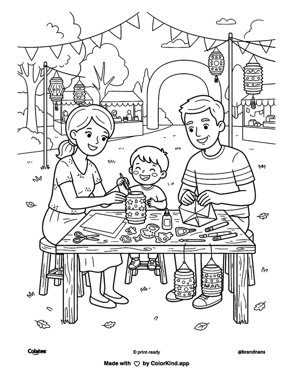 A cheerful family making paper lanterns at a cheerful outdoor festival as clean black-and-white printable line art made by ColorKind