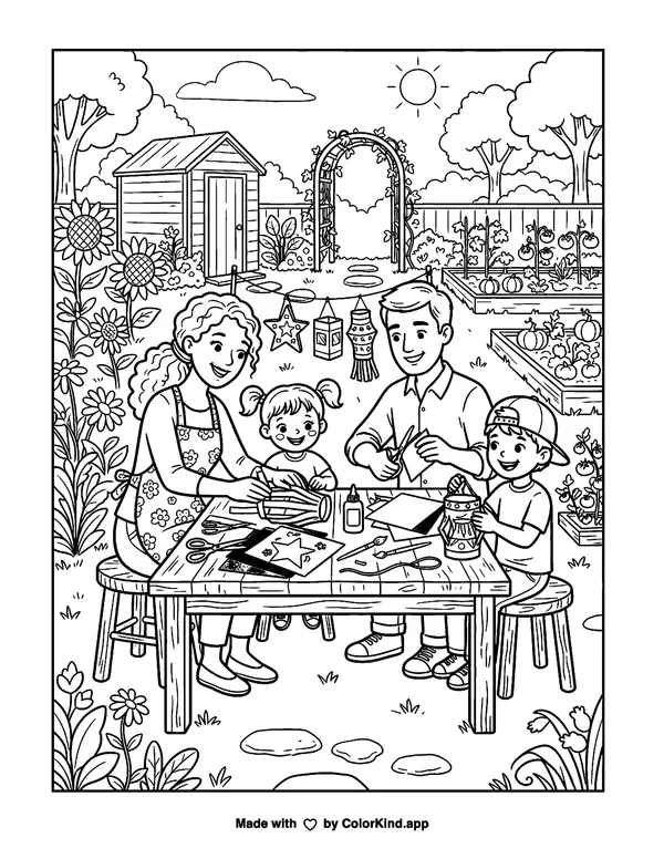 A cheerful family making paper lanterns in a lively community garden as clean black-and-white printable line art made by ColorKind