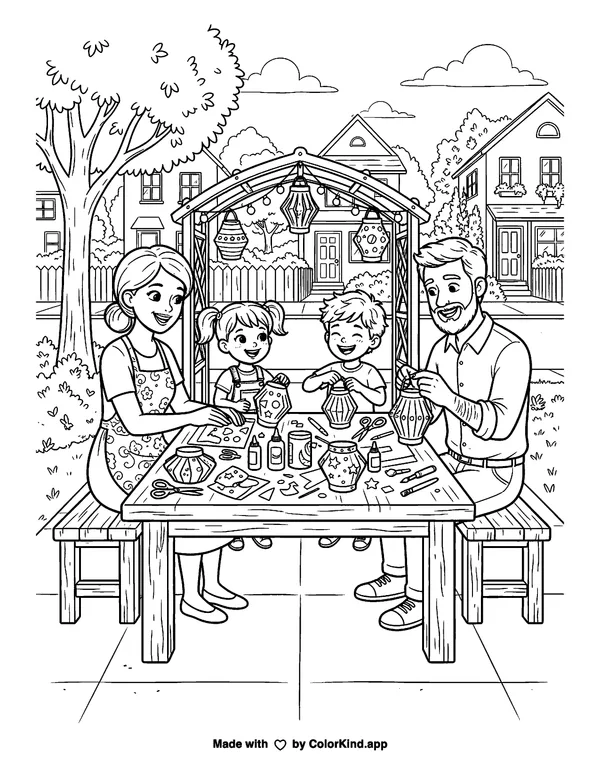 A cheerful family making paper lanterns in a welcoming neighborhood as clean black-and-white printable line art made by ColorKind