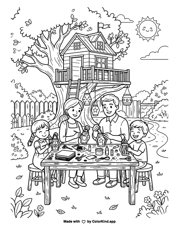 A cheerful family making paper lanterns near a cozy treehouse as clean black-and-white printable line art made by ColorKind