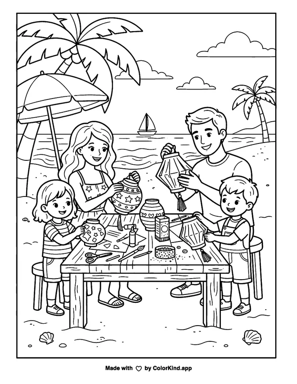 A cheerful family making paper lanterns near a sunny beach as clean black-and-white printable line art made by ColorKind