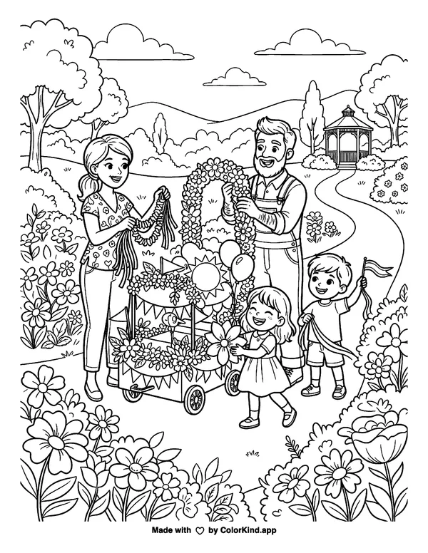 A cheerful family preparing a cheerful parade in a flower-filled park as clean black-and-white printable line art made by ColorKind