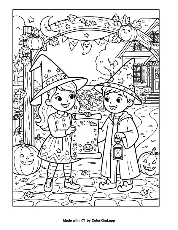 A cheerful family preparing a cheerful parade in a lively community garden as clean black-and-white printable line art made by ColorKind