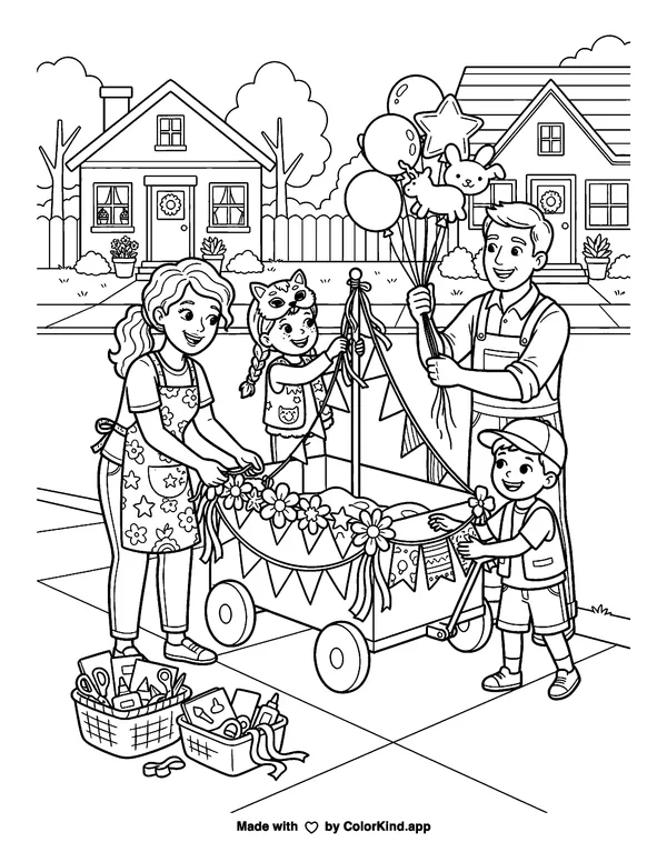 A cheerful family preparing a cheerful parade in a welcoming neighborhood as clean black-and-white printable line art made by ColorKind