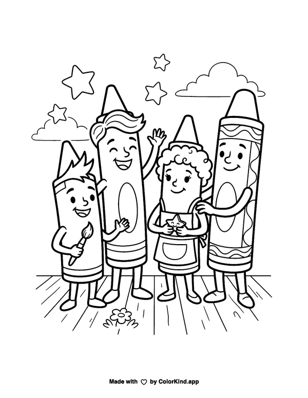 Four Smiling Crayon Characters as clean black-and-white printable line art made by ColorKind