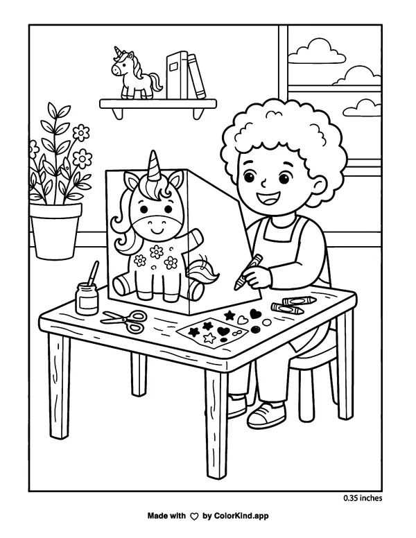 A cheerful family preparing a cheerful parade inside a warm storybook cottage as clean black-and-white printable line art made by ColorKind