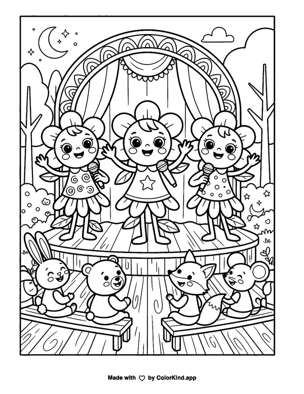 A cheerful family preparing a cheerful parade under a sky full of clouds as clean black-and-white printable line art made by ColorKind