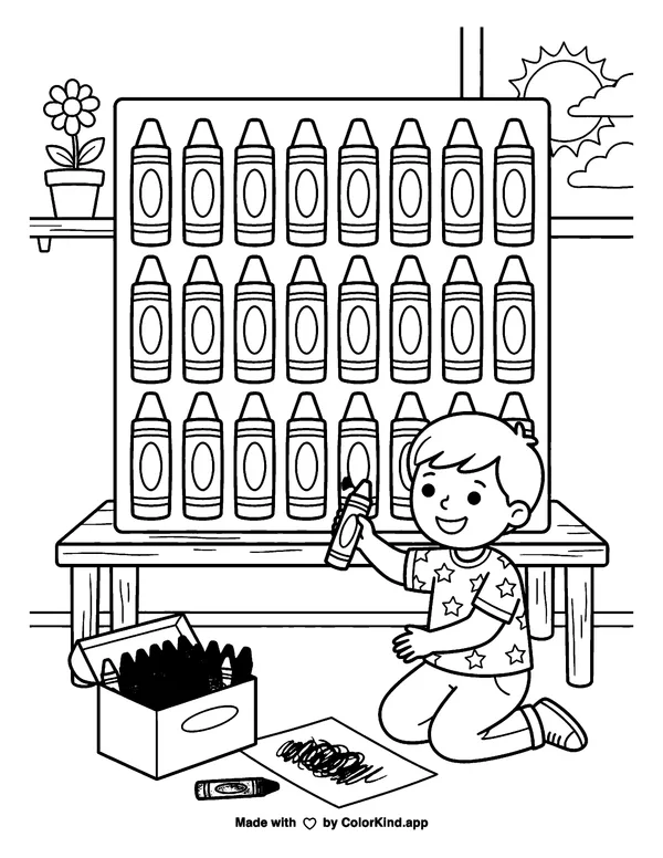 Child Coloring with Crayons as clean black-and-white printable line art made by ColorKind