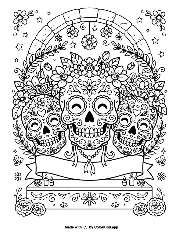 A cheerful family sharing homemade treats in a welcoming neighborhood as clean black-and-white printable line art made by ColorKind