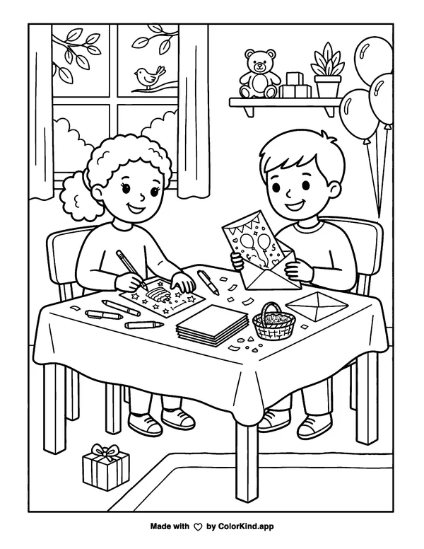 A cheerful family sharing homemade treats under a sky full of clouds as clean black-and-white printable line art made by ColorKind
