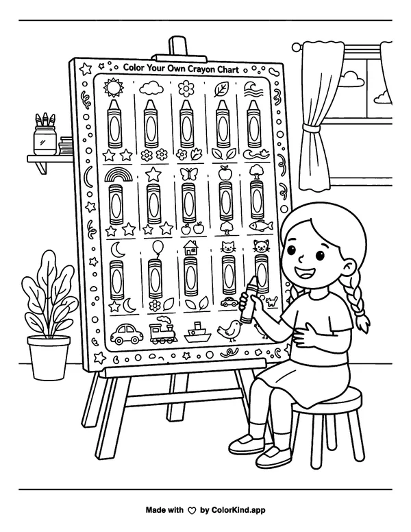 Girl Coloring on an Easel Chart as clean black-and-white printable line art made by ColorKind