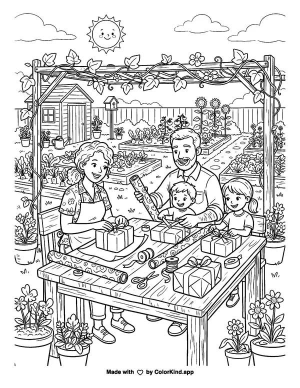 A cheerful family wrapping thoughtful gifts in a lively community garden as clean black-and-white printable line art made by ColorKind