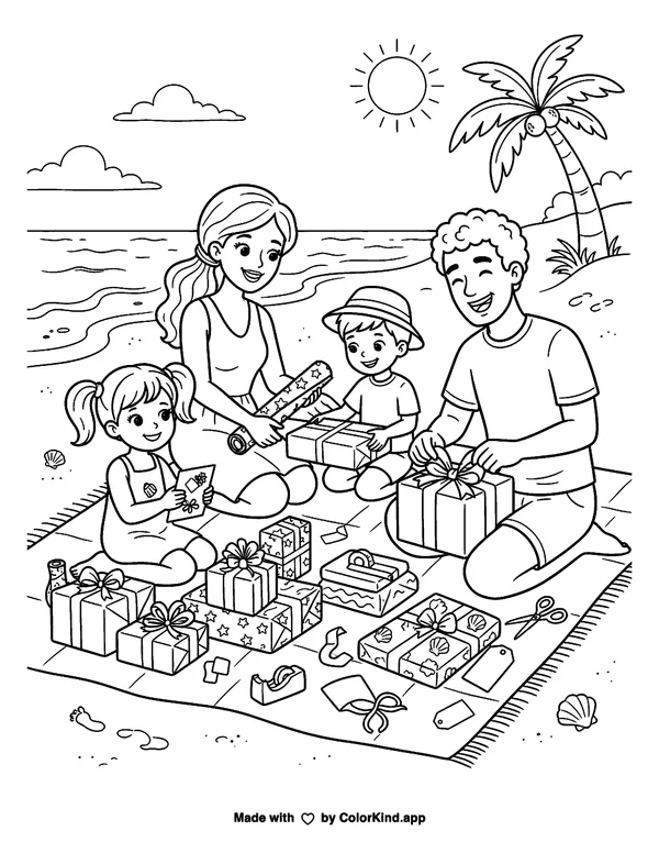 A cheerful family wrapping thoughtful gifts near a sunny beach as clean black-and-white printable line art made by ColorKind